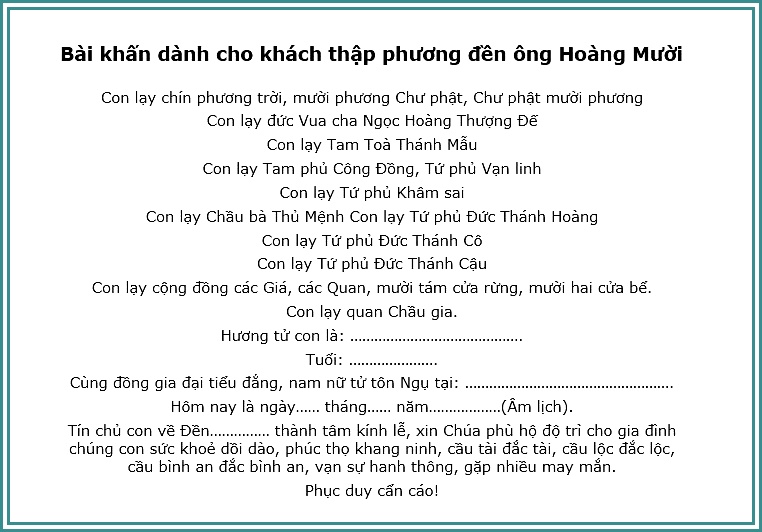 Văn khấn xin lộc ông Hoàng Mười Nghệ An đầy đủ nhất