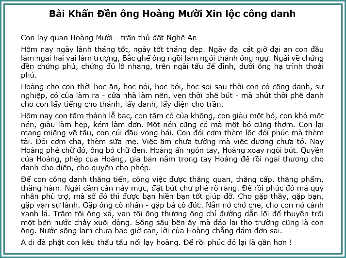 bài khấn xin lộc ông hoàng mười nghệ an xin lộc công danh