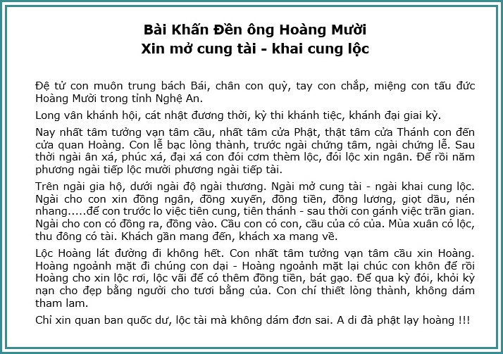 bài khấn xin lộc ông hoàng mười nghệ an xin tài - lộc