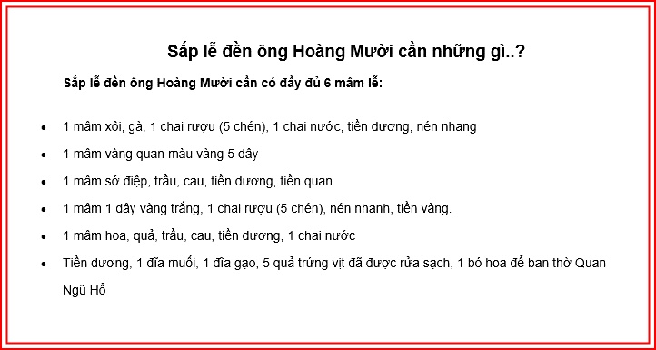 sắp lễ ông hoàng mười cần những gì