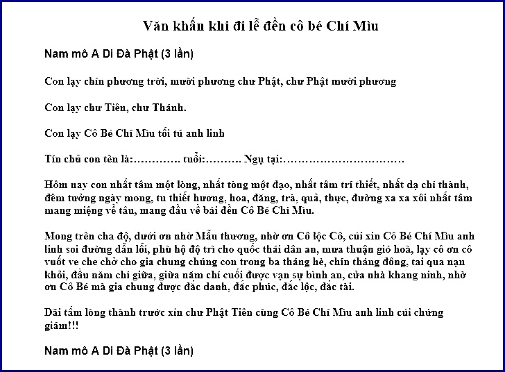 Văn khấn khi đi đền Cô Bé Chí Mìu Bắc Giang