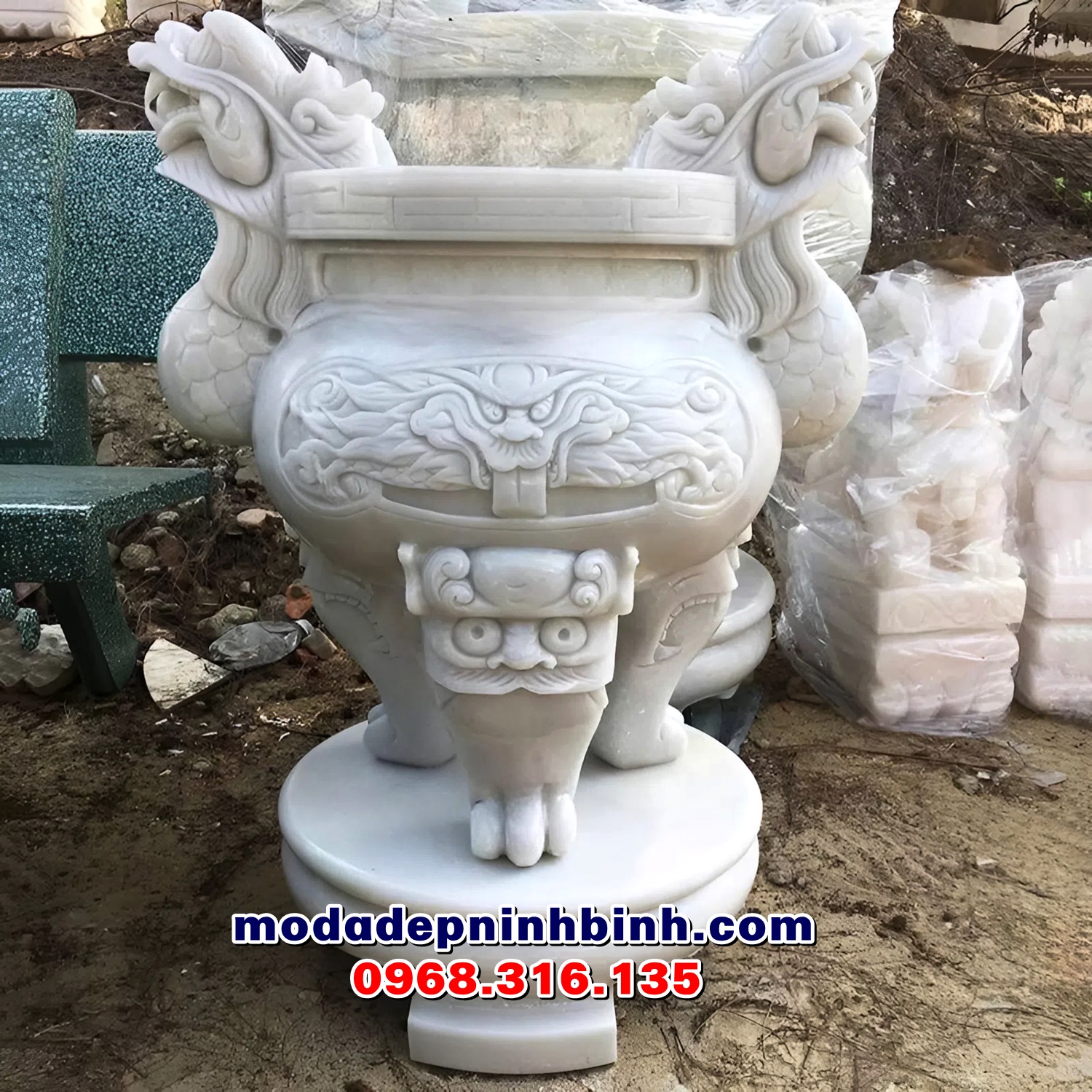 Mẫu lư hương tai rồng đá trắng đẹp 