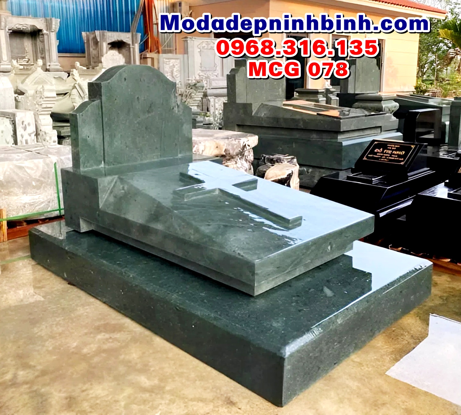 Mộ đá xanh rêu công giáo đơn giản MCG 078