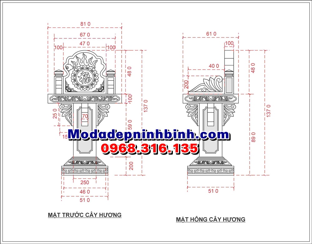 Kích thước cây hương đá nghĩa trang gia đình không mái