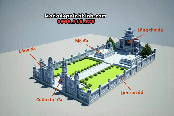 Khu lăng mộ đá hoàn chỉnh gồm cổng đá, lan can đá, cuốn thư đá, mộ đá và lăng thờ đá