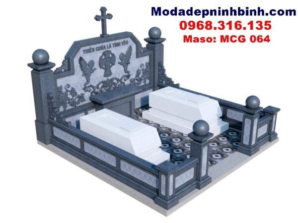 Mẫu mộ đá trắng đôi dành cho ông bà, cha mẹ với thiết kế hai mái đối xứng
