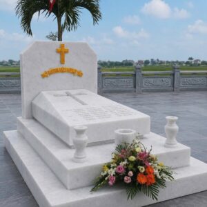mẫu mộ đá trắng công giáo tam cấp đơn giản hiện đại