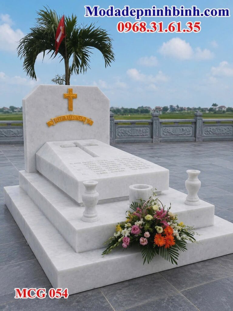 mẫu mộ đá trắng công giáo tam cấp đơn giản hiện đại