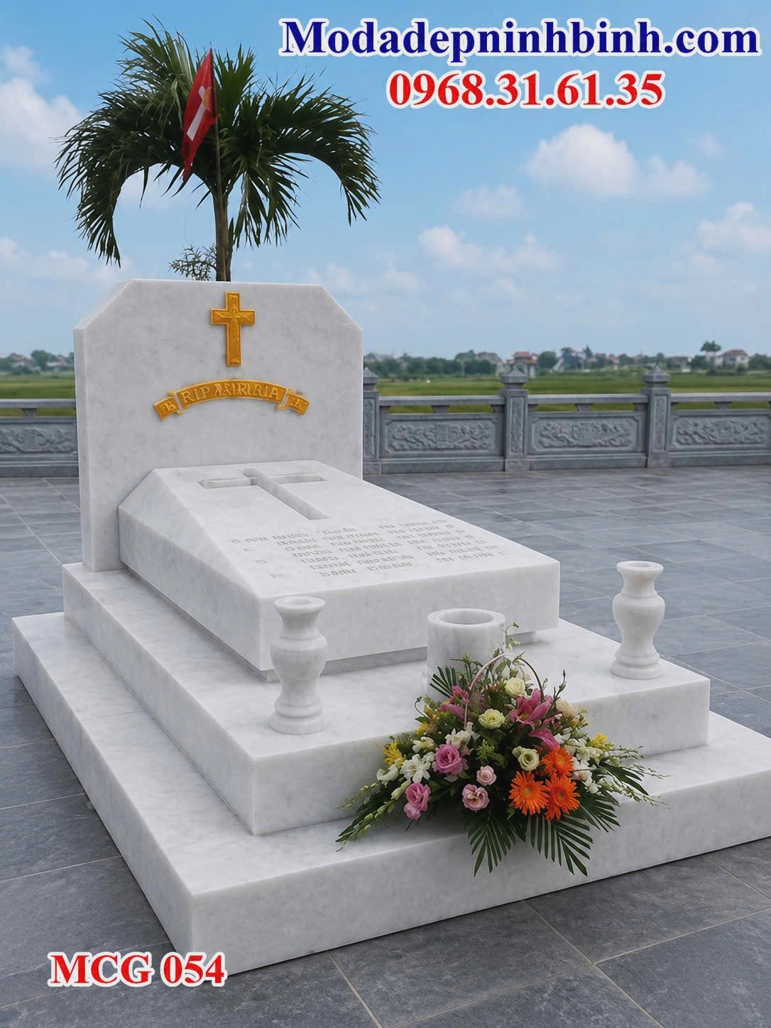 mẫu mộ đá trắng công giáo tam cấp đơn giản hiện đại