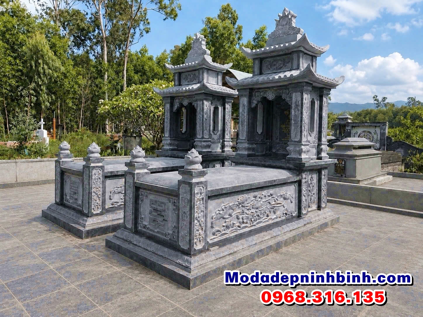 mẫu mộ đá xanh đen có mái che đẹp