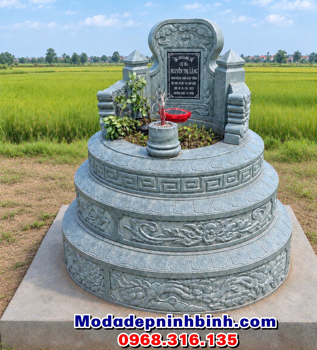 mộ đá tròn xanh rêu tự nhiên nguyên khối đẹp